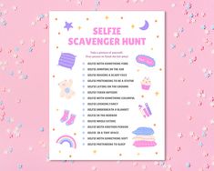 the selfie scavenger hunt is shown on a pink background with stars and confetti