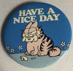 a blue button with a cartoon cat on it that says have a nice day,