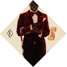 a painting of a man in a tuxedo and bow tie holding a cane