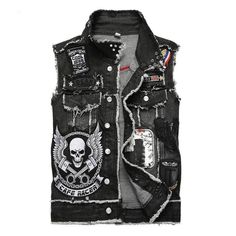 ll➤ Boutique-biker™ - Pour hommes & Femmes - Bijoux, vêtements, chaussures, t-shirts, décorations et plus ! Visitez la boutique de tous les bikers ! Skull Vest, Punk Denim, Denim Vest Men, Trendy Patches, Skull Embroidery, Denim Waistcoat, Punk Rock Outfits, Harley Bobber