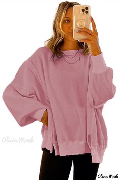 Olivia Mark - Oversized Pink Sweater with Waffle Knit Construction and Flowy Sleeve Oversized Waffle Knit Crew Neck Sweater, Trendy Oversized Waffle Knit Sweater, Oversized Long Sleeve Waffle Knit Top, Casual Solid Waffle Knit Sweater, Waffle Knit Sweater For Spring, Oversized Waffle Knit Sweater For Layering, Spring Waffle Knit Relaxed Fit Sweater, Spring Oversized Waffle Knit Tops, Oversized Waffle Knit Tops For Spring