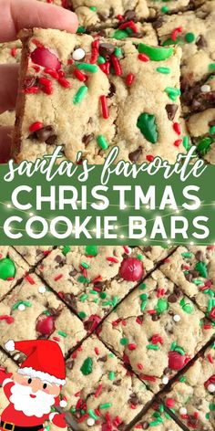 Two photos on this pin of Christmas cookie bars with a text box in the center with the name of the recipe on it. A graphic image of Santa in the bottom left hand corner of the pin. Santa’s Favorite Cookies, Santas Favorite Cookie, Santa’s Favorite Christmas Cookie Bars, Santa Trash Cookies, Christmas M&m Cookie Bars, Cookies With Santa Event Ideas, Christmas Bar Cookies, Holiday Dessert Drinks