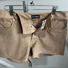 Faux Suede Tan Shorts, Size 10. Button Fly Chic Brown Button-up Bottoms, Trendy Fall Shorts With Button Closure, Fall Short Length Bottoms With Buttons, Fall Bottoms With Buttons And Short Length, Fall Bottoms With Buttons In Short Length, Trendy Brown Bottoms With Buttons, Spring Brown Button-up Bottoms, Tan Shorts, Suede Shorts