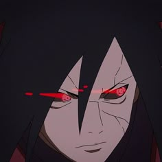 an anime character with red eyes and black hair