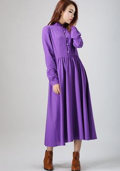 purple dress woman maxi dress long linen dress custom made long sleeve – XiaoLizi Grey Long Sleeve Dress, Violet Dresses, Long Linen Dress, Maxi Dress Long, Checkered Dress, Dress Woman, Cotton Midi Dress, Women Maxi, Linen Dress