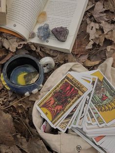 several cards are laying on the ground next to an open book and a bowl with rocks in it