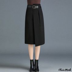 Olivia Mark - Asymmetric Midi Skirt in Solid Color with High Waist Design Fitted Skirt For Workwear With Asymmetrical Hem, Fitted Asymmetrical Skirt For Work, Black Asymmetrical Hem Skirt For Work, Asymmetrical Black Mini Skirt For Work, Black Asymmetrical Mini Skirt For Work, Fitted Asymmetrical Office Bottoms, Chic Asymmetrical Hem Bottoms For Work, Fitted Asymmetrical Bottoms For Office, Asymmetrical Solid Bottoms For Work