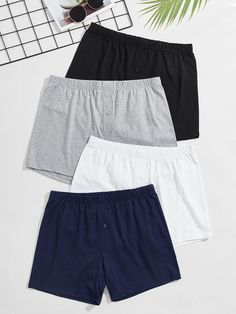 Our Pack of 4 Solid Pajama Shorts, is the ultimate blend of comfort and variety for your sleepwear collection. The elastic waistband offers a comfortable and adjustable fit, while the solid colors add a touch of simplicity and versatility to your sleepwear ensemble and provide you with unmatched comfort. Features: Pattern Type: Plain Details: Button Fit Type: Loose Type: Boxer Shorts Number of Pieces: 4 Piece Set Features: Softness Fabric: Medium Stretch Material: Fabric Composition: 95% Cotton, 5% Elastane Size Chart(inches): Size Length Waist 36 12.6 28 38 13 29.5 40 13.4 31.5 Male Boxers, Men Loungewear, Cool Outfits For Men, Fancy Cars, Punk Outfits, Loungewear Shorts, Boxer Shorts, Pajama Shorts, Short Pants