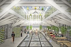 an artist's rendering of the inside of a building with plants growing on the walls