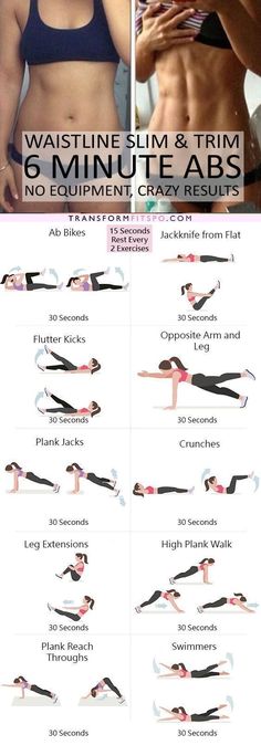 a woman's waist and chest with six minute abs workouts on the side