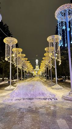 the walkway is lined with lights and trees