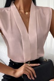 Elegant V-neck Solid Color Vest, Elegant V-neck Vest In Solid Color, Solid Color V-neck Vest Top, Chic V-neck Blouse, Spring Office V-neck Tank Top, V-neck Tank Top For Office In Summer, Casual V-neck Vest For Office, Casual Sleeveless Blouse For Office, Casual Sleeveless Office Blouse