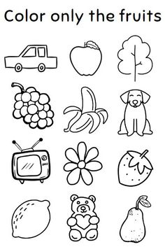 Fruits Printable, Worksheets For Playgroup, Worksheet For Nursery Class, Nursery School Activities, Coloring Worksheets For Kindergarten, Color Worksheets For Preschool, Preschool Activities Printable, Fun Worksheets For Kids