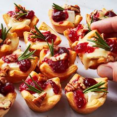 small appetizers with cranberry sauce and cheese are being held by someone's hand