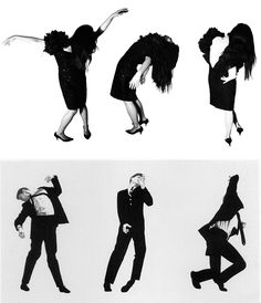 three photos of people dressed in black and white, one is dancing the same way