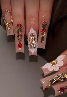 Cute Nails Mexican, Virgin Mary And San Judas Nails, Carin Leon Nails, Guadalupe Nail Designs, Matching Cartoon Characters, Beige Quince Nails, Red Quinceanera Dresses Long Tail