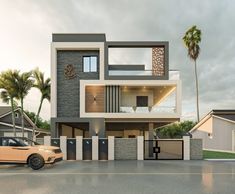 a car is parked in front of a modern house with palm trees on the other side