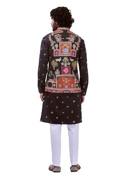 Black sleeveless Nehru jacket with kalamkari thread embroidery in majestic darbar and floral pattern. - Aza Fashions Designer Nehru Jacket With Printed Motifs For Festivals, Festival Nehru Jacket With Printed Motifs, Diwali Nehru Jacket With Printed Motifs In Chanderi, Diwali Chanderi Nehru Jacket With Printed Motifs, Diwali Printed Chanderi Nehru Jacket, Festive Nehru Jacket With Printed Motifs For Diwali, Transitional Printed Nehru Jacket, Transitional Season Printed Nehru Jacket, Transitional Fitted Nehru Jacket With Printed Motifs