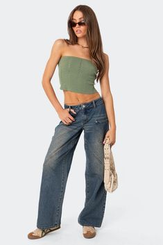 Serena Low Rise Carpenter Jeans – edikted Green Tube Top, Tube Top Outfits, Swimwear Dress, Lace Patchwork, Cropped Tube Top, Carpenter Jeans, Mixing Fabrics, Cool Fabric, Denim Fabric