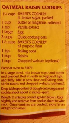 a recipe for oatmeal raisin cookies on a wooden counter top with instructions