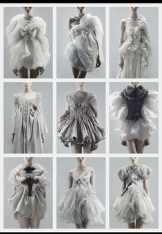 many different types of dresses on mannequins with tulle skirts and bows