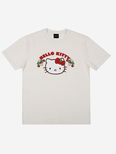 Short Sleeve Puff print art on front Ribbed Crew Neck Unisex Regular Fit Shrink Free Washed for a Soft Feel 100% Cotton Officially Licensed Imported Hello Kitty Strawberries, Hello Kitty Profile, Making New Friends, Pug Shirt, Baking Cookies, The Suburbs, Puff Print, Print Tee, Shirt Button