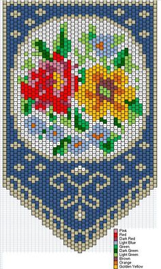 a blue and white cross stitch pattern with red, yellow, and green flowers on it