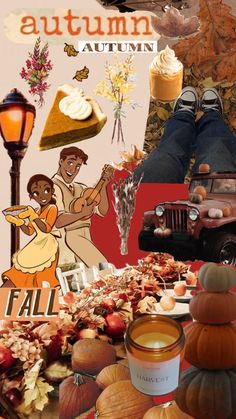 an autumn collage with pumpkins, apples and other items