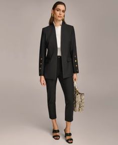 in stock Spring Tailored Pants With Buttons, Tailored Pants With Buttons For Spring, Tailored Pants With Button Cuffs For Fall, Fitted Fall Bottoms With Side Buttons, Fitted Bottoms With Side Buttons For Fall, Chic Office Bottoms With Side Buttons, Elegant Ankle Pants With Buttons, Formal Fitted Bottoms With Gold Buttons, Elegant Bottoms With Snap Buttons For Spring