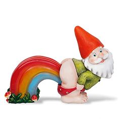 a gnome figurine sitting on top of a rainbow