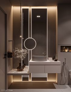 a bathroom with a sink, mirror and shower in it's center wall is illuminated by lights