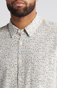 Made from a breezy linen blend, this short-sleeve button-up features a handy chest pocket and an allover abstract pattern. 29" length; 42" chest (size Medium) Front button closure Point collar Short sleeves Chest patch pocket Curved hem 55% linen, 45% rayon Machine wash, line dry Imported Spring Short Sleeve Shirt With Patch Pockets, Spring Shirt With Patch Pockets And Short Sleeves, Short Sleeve Shirt With Patch Pockets For Spring, Casual Linen Patterned Shirt, Short Sleeve Linen Shirt With Floral Print, Summer Button-up Short Sleeve Shirt With Patch Pockets, Printed Short Sleeve Linen Shirt, Printed Linen Short Sleeve Shirt, Spring Patterned Short Sleeve Cotton Shirt