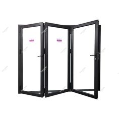 an open black folding door with pink stickers on the front and side panels, against a white background