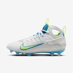 the nike vapor football cleat is shown in white, blue and neon green