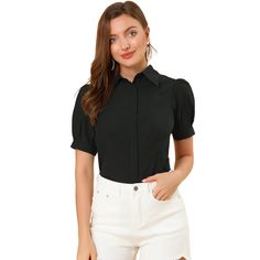 A basic button-down shirt features short puff sleeves bringing a touch of femininity and detail to any of the work-wear and making them look elegant. This puff-sleeve shirt is made of lightweight soft cotton fabric, drapes beautifully, and ensures you stay comfy all day. Pair this work office shirt with shorts, work pants, or casual jeans. Business Professional Outfits, Office Shirt, Puff Sleeve Shirt, The Office Shirts, Black Denim Jacket, Collars For Women, Professional Outfits, Work Office, Stylish Shirts