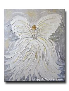 a painting of an angel with white wings on a gray and yellow background is shown