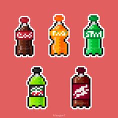 four pixelated bottles with different colors and shapes on them, each one has an image of