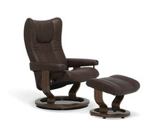 the reclining chair and ottoman is shown with an ottoman on it's side