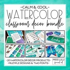 the watercolor classroom decor bundle includes 20 watercolor designs and two font options for each class