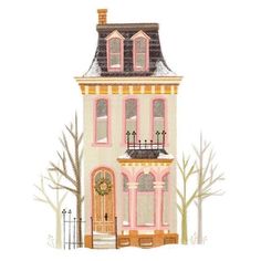 a drawing of a pink house with a wreath on the front door and two windows