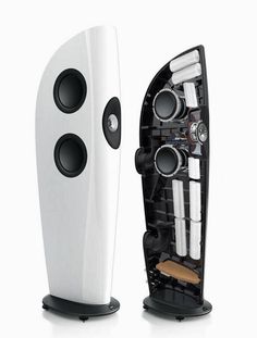 two speakers are shown side by side, one is white and the other is black