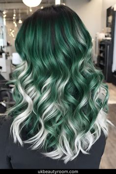 Effortlessly Sophisticated Green Hair Colors Emerald And Blonde Hair, Green And Platinum Hair, Silver Green Hair, Green Hair With Money Piece, Dark Green And Blonde Hair, Black And Mint Hair, Silver And Green Hair, Dark Hair Dye Ideas, Dark Green Hair Color