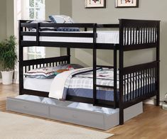 a black bunk bed with drawers underneath it