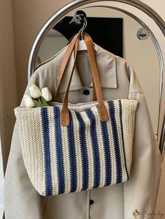 Bird in Bag - Womens Color Block Woven Straw Tote Bag with Large Capacity - Ideal for Leisurely Getaways, Beach Excursions, and Everyday Shopping Oversized Pattern, Straw Tote Bag, Rattan Bag, Straw Tote, Linen Bag, Bird In Bag, Womens Tote, Womens Tote Bags, Tote Handbags