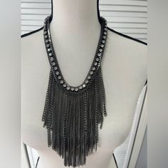 Standout In This Beautiful Statement Set. Earrings Included. Gunmetal With Rhinestones. Edgy And Gorgeous. New. Adjustable Rhinestone Fringe Jewelry For Evening, Glamorous Rhinestone Fringe Jewelry Gift, Glamorous Rhinestone Fringe Jewelry For Gifts, Crystal Jewelry With Rhinestone Fringe As Gift, Metal Rhinestone Dangle Necklace With Chain, Rhinestone Necklace With Adjustable Chain And Dangle Shape, Rhinestone Dangle Necklace With Adjustable Chain, Silver Jewelry With Rhinestone Fringe, Glamorous Metal Jewelry With Rhinestone Fringe