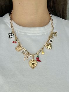 Check my depop link for handmade Gold charms necklaces! Necklace includes hard, cherries, peppers & more Outfits With Necklaces, Hobby Lobby Diy Jewelry Ideas, Funky Charm Necklace, Gold Necklace With Charms, Necklace Inspo Gold, Charm Necklace Chain, Charm Necklace Diy How To Make, Charm Necklace Inspiration, Chunky Necklace Diy