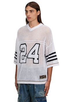 WHITE KNIT FOOTBALL JERSEY 100% COTTON DROPPED SHOULDERS NAHMIAS / 24 MOTIF ON FRONT & BACK DRY CLEAN ONLY. SKU: KW9-T5G37-100 SIZE GUIDE White Varsity Jersey With Crew Neck, White Varsity Crew Neck Jersey, White Crew Neck College Jersey, White Sporty Jersey For College, Casual White Jersey For Game Day, White Sporty College Jersey, Sporty White College Jersey, White Varsity Jersey For Football Season, White Jersey For Streetwear During Football Season