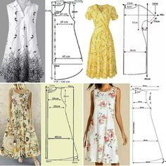 four different dresses and patterns for women to wear on the same day, including one in yellow