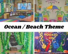 the ocean themed classroom is decorated in bright colors