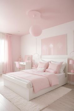 a bedroom with pink walls, white furniture and carpeted flooring is pictured in this image